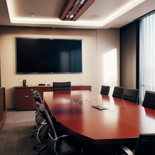 Professional boardroom with strategy documents and screens, no people